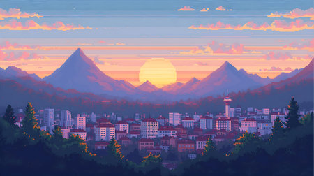 Sunset in the mountains. Landscape of the city. Vector illustration Generative AI.の素材
