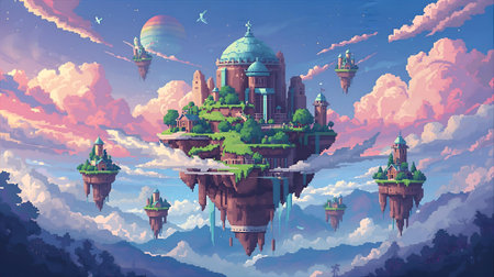 Fantasy fantasy landscape with castle on the clouds. Vector illustration Generative AIの素材