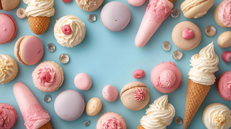 Colorful macaroons, ice cream cones and macarons on blue background Generative AI.の素材