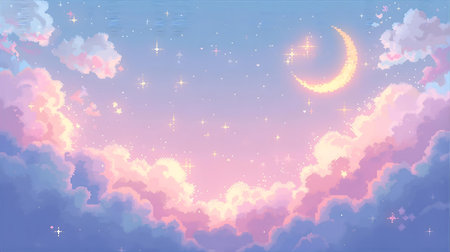 Night sky with clouds and crescent moon. Vector illustration in pastel colors Generative AIの素材