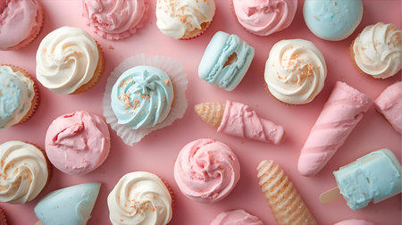 Colorful cupcakes on pastel pink background. Top view Generative AIの素材