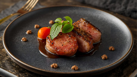Roasted duck breast fillet with red pepper and mint on black plate Generative AI.の素材