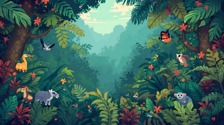 Beautiful jungle background with tropical plants and animals. Vector illustration Generative AIの素材