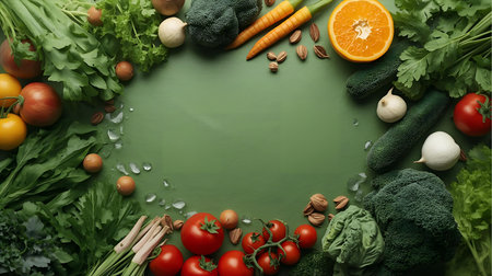 Composition with fresh vegetables and fruits on green background, top view Generative AIの素材