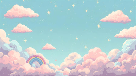 Cute cartoon cloudscape background with rainbow and stars. Vector illustration Generative AIの素材