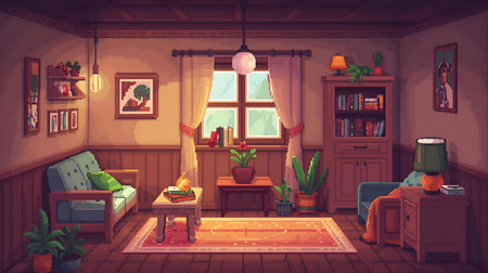 Interior of living room with furniture. Cartoon illustration of interior of living room with furniture and fireplace Generative AIの素材