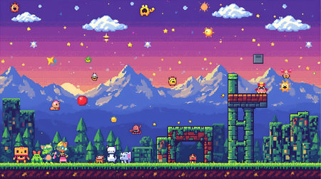 Arcade game world landscape with pixelated characters. Vector cartoon illustration of a fantasy world landscape with a castle and a fortress Generative AIの素材