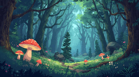 Fantasy forest with mushrooms and trees. Fairytale background. Vector illustration Generative AIの素材