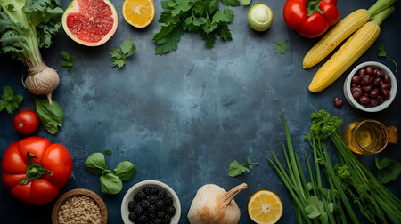 Healthy food ingredients for cooking on blue background. Top view with copy space Generative AIの素材