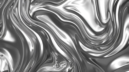 Closeup of abstract silver metallic wavy liquid texture. 3d render illustration Generative AIの素材