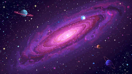 Planets in outer space. Colorful galaxy with stars and nebula. Vector illustration Generative AIの素材