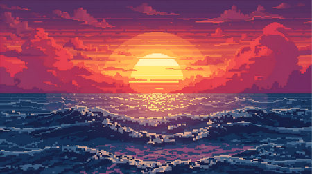 Sunset over the sea. Vector illustration of a sunset over the sea Generative AIの素材