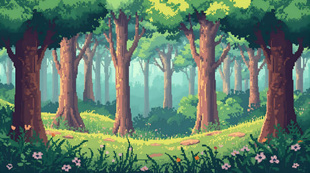 Forest landscape with trees and flowers in cartoon style. Vector illustration Generative AIの素材