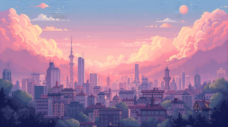 Cityscape with skyscrapers and clouds at sunset. Vector illustration Generative AIの素材