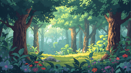 Forest landscape with trees and flowers, vector illustration in cartoon style Generative AIの素材