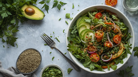Healthy salad with avocado, tomatoes, cucumbers, red onion and parsley on a gray background Generative AIの素材