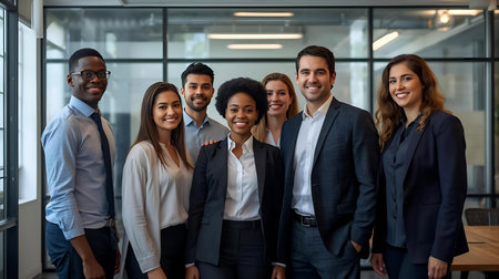 Portrait of smiling diverse businesspeople standing in office. Diverse businesspeople standing together and looking at camera. Teamwork concept Generative AIの素材