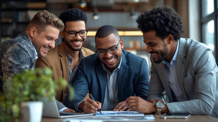 business, startup and people concept - happy creative team with papers working in office Generative AIの素材