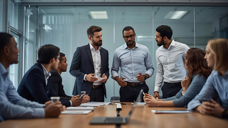 Group of diverse business people working and communicating together in modern office Generative AIの素材