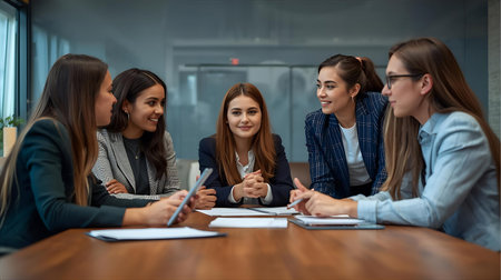 Group of happy young business people discussing business plan at meeting in office Generative AIの素材