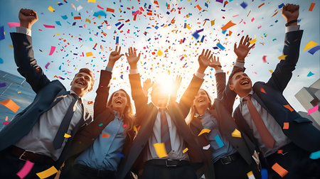 Business people celebrating success with confetti. Mixed media. Mixed media Generative AIの素材