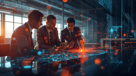 Businessmen working on project together in office. Teamwork and innovation concept. Double exposure Generative AIの素材