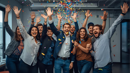 Happy group of business people celebrating success with confetti in office Generative AIの素材