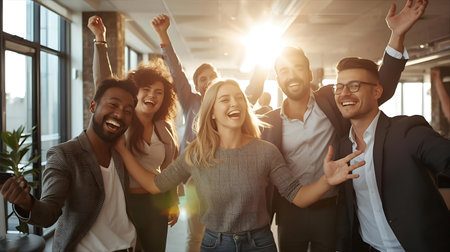 Cheerful young business people are dancing and smiling while working in office Generative AIの素材