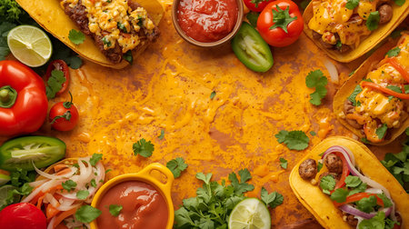 top view of delicious mexican tacos with ingredients on wooden table Generative AIの素材