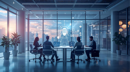 Business people in modern meeting room with glowing light bulb and city view. Mixed media Generative AIの素材