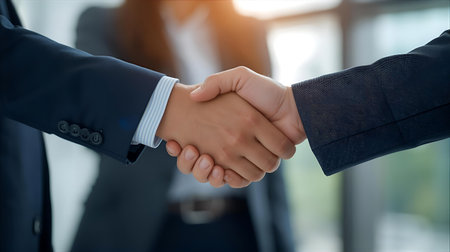 Closeup of two business people shaking hands, finishing up a meeting Generative AIの素材