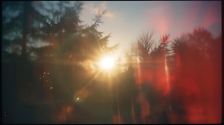 Sunset in the forest. Silhouettes of trees and bushes Generative AIの素材