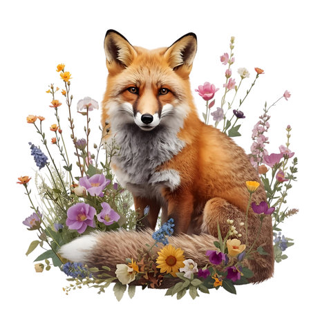 3D rendering of a red fox with flowers Generative AIの素材
