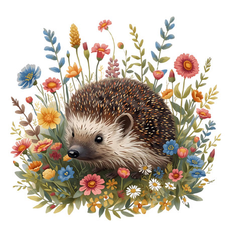 Cute hedgehog with flowers. Watercolor illustration Generative AIの素材