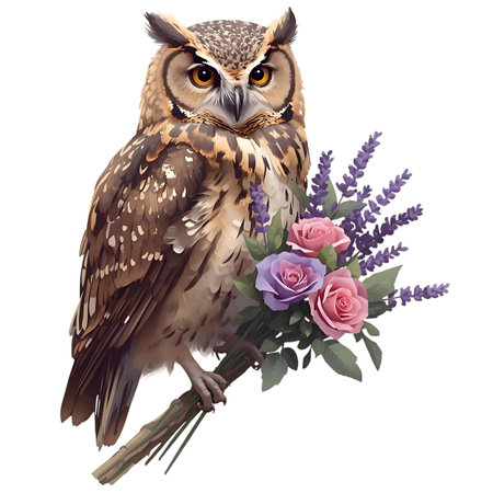 Elegant owl with a bouquet of flowers. Vector illustration Generative AIの素材