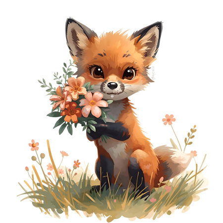 Cute fox with a bouquet of flowers. Vector illustration Generative AIの素材