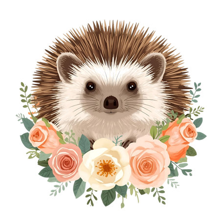 Cute hedgehog with flowers. Vector illustration Generative AIの素材