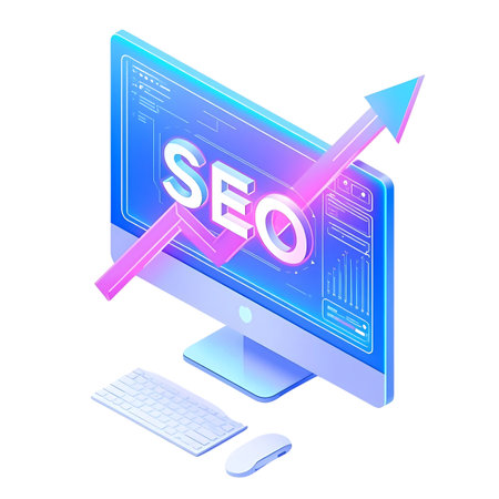 SEO search engine optimization isometric concept. Computer monitor, keyboard and arrow Generative AIの素材