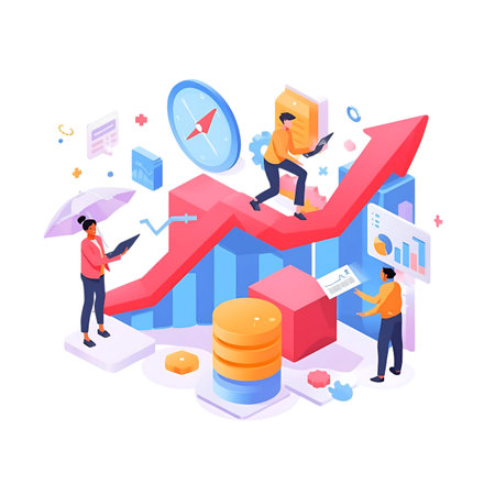 Isometric business people working with charts and graphs. Business concept. Vector illustration Generative AIの素材