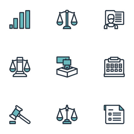 Set Of 9 simple editable icons such as Lawyer, Scales of justice, File, Calendar, Lawyer, can be used for mobile, web UI Generative AIの素材