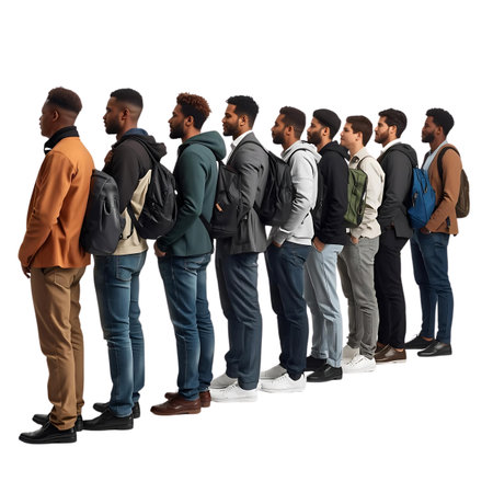 Side view of a group of young men standing in line isolated on white background Generative AIの素材
