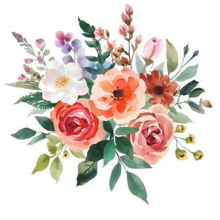 Beautiful vector watercolor floral composition with roses, peonies and leaves Generative AIの素材