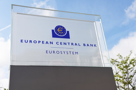 Frankfurt, Hesse / Germany - May 16, 2018: Sign at the entrance of new European Central Bank headquarters in Frankfurt, Germany - the ECB is the central bank for the euroのeditorial素材