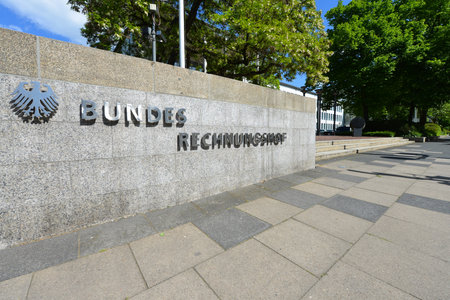 Bonn, North Rhine-Westphalia, Germany - May 14, 2019: Sign at the entrance to Federal Court of Auditors in Bonn, Germany - The Bundesrechnungshof is the supreme authority for audit matters in Germanyのeditorial素材