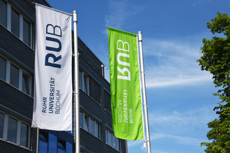 Bochum, North Rhine-Westphalia, Germany - May 13, 2019: Flags with the logo of Ruhr University Bochum, Germany - RUB is one of the biggest universities in Germanyのeditorial素材