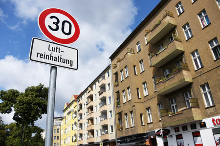 Berlin / Germany - July 21, 2019: Road sign speed limit 30 km per hour in Berlin, Germany - Speed limit because of urban air pollution - Air pollution controlのeditorial素材