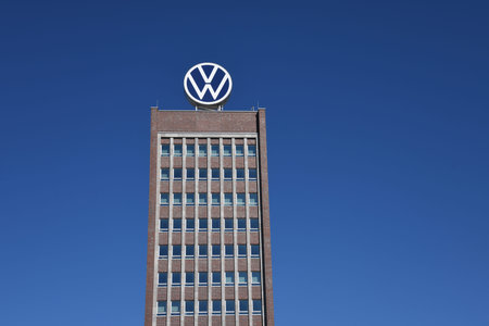 Wolfsburg, Lower Saxony, Germany - April 6, 2020: Headquarters of Volkswagen AG in Wolfsburg, Germany - VW is one of the world's leading manufacturers of automobilesのeditorial素材