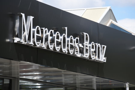Celle, Lower Saxony / Germany - May 5, 2020: The logo of automobile manufacturer Mercedes-Benz in Celle, Germany - Mercedes is a global automobile marque, division of Daimler AGのeditorial素材