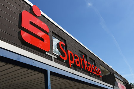 Hanover, Lower Saxony, Germany - May 21, 2020: Sign with the Logo of the german Savings Bank - Sparkasse - in front of a branch in Hanover, Germanyのeditorial素材