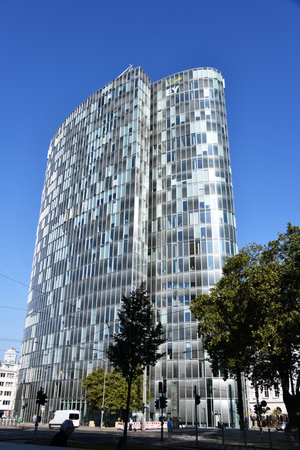 Dusseldorf, North Rhine-Westphalia, Germany - September 9, 2021: Logo of EY in Dusseldorf, Germany - Ernst & Young is a multinational professional services network with headquarters in London, Englandのeditorial素材